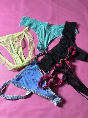 Women's Lace & Cotton Thong Panty - Blue, Black, Mint, Yellow